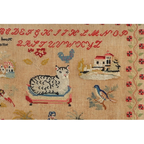 896 - A MID-19TH CENTURY PICTORIAL WOOLWORK SAMPLER. illustrating the alphabet, birds, a cat, an Oriental ... 