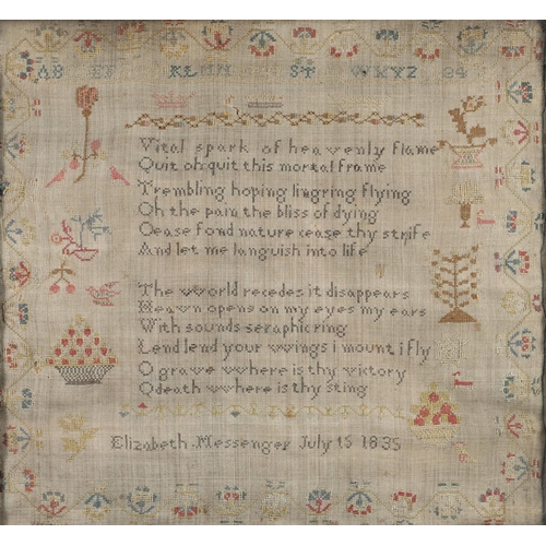 897 - A 19TH CENTURY NEEDLEWORK SAMPLER. with poetic verse, bordered by flowers and fruit, by Elizabeth Me... 