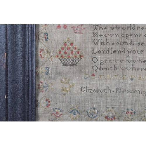 897 - A 19TH CENTURY NEEDLEWORK SAMPLER. with poetic verse, bordered by flowers and fruit, by Elizabeth Me... 