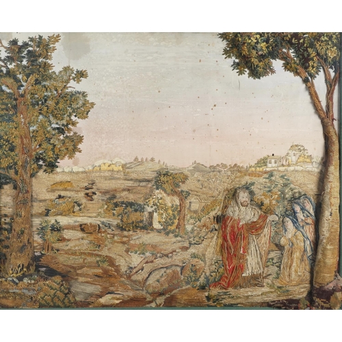 898 - AN 18TH CENTURY NEEDLEWORK OF A BIBLICAL SCENE. depicting Christ and three females figures within an... 