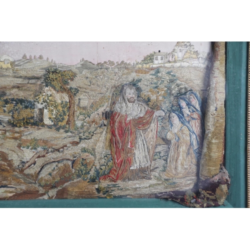 898 - AN 18TH CENTURY NEEDLEWORK OF A BIBLICAL SCENE. depicting Christ and three females figures within an... 
