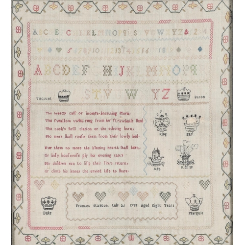 900 - A LATE 18TH CENTURY EMBROIDERED SAMPLER. of unusual subject matter, illustrating the alphabet, prose... 