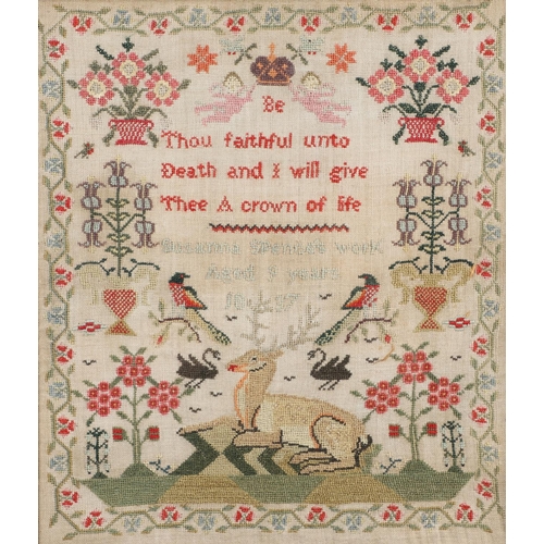 901 - A 19TH CENTURY PICTORIAL NEEDLEWORK SAMPLER. profusely worked in different colours, illustrating a c... 