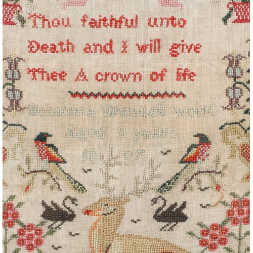 901 - A 19TH CENTURY PICTORIAL NEEDLEWORK SAMPLER. profusely worked in different colours, illustrating a c... 