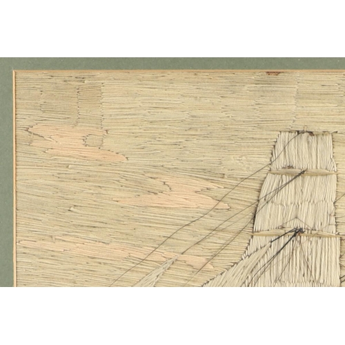 902 - A 19TH CENTURY SAILOR'S WOOLWORK PICTURE. of a clipper ship with three tall masts, within a neutral ... 