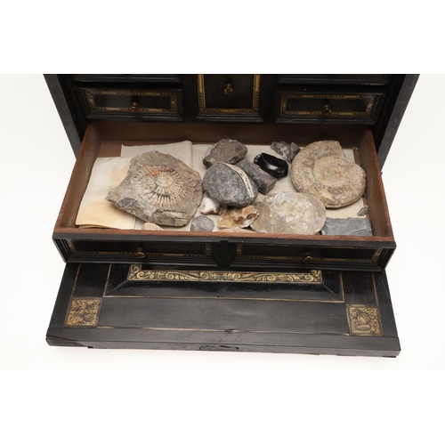 905 - A 17TH CENTURY EBONISED TABLE TOP COLLECTOR'S CABINET. of rectangular form with bone inlaid top and ... 