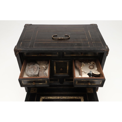 905 - A 17TH CENTURY EBONISED TABLE TOP COLLECTOR'S CABINET. of rectangular form with bone inlaid top and ... 