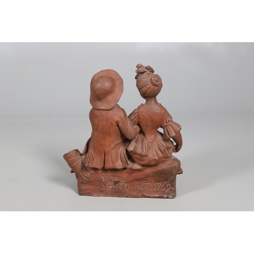 908 - A 19TH CENTURY FRENCH TERRACOTTA GROUP. modelled as a courting couple, seated upon naturalistic base... 