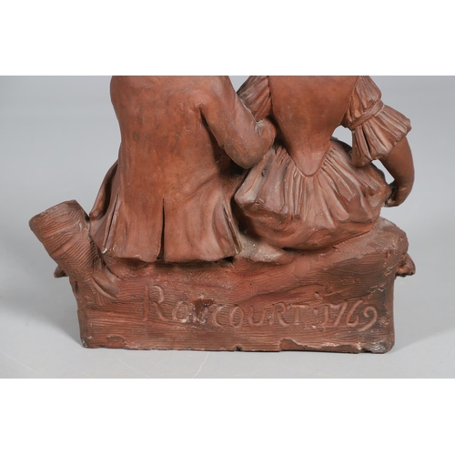 908 - A 19TH CENTURY FRENCH TERRACOTTA GROUP. modelled as a courting couple, seated upon naturalistic base... 
