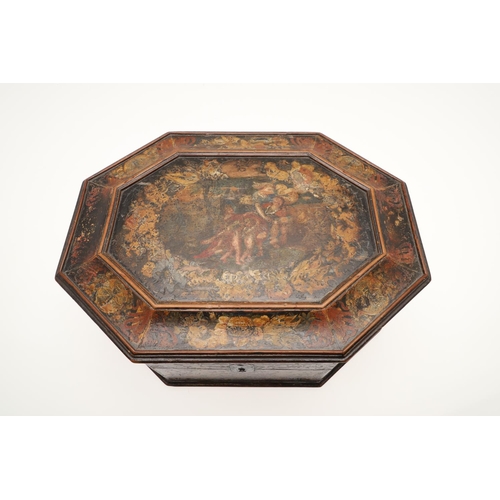 909 - A CONTINENTAL 18TH CENTURY OCTAGONAL PAINTED 'MARRIAGE' BOX. the hinged lid and sides decorated with... 