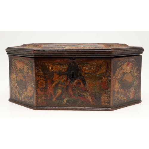 909 - A CONTINENTAL 18TH CENTURY OCTAGONAL PAINTED 'MARRIAGE' BOX. the hinged lid and sides decorated with... 