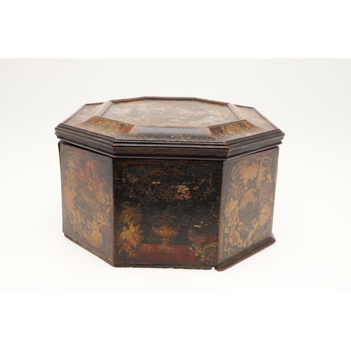 909 - A CONTINENTAL 18TH CENTURY OCTAGONAL PAINTED 'MARRIAGE' BOX. the hinged lid and sides decorated with... 