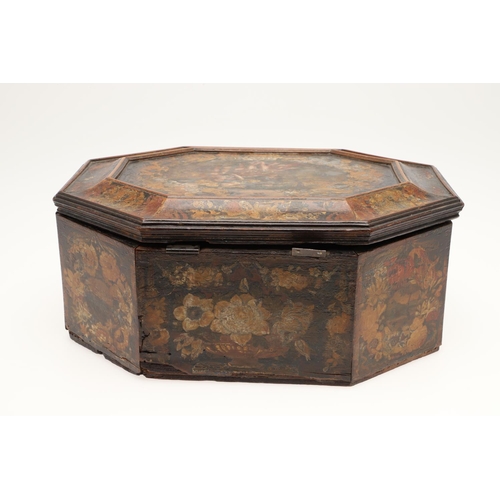 909 - A CONTINENTAL 18TH CENTURY OCTAGONAL PAINTED 'MARRIAGE' BOX. the hinged lid and sides decorated with... 