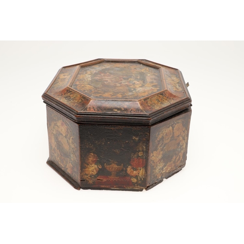 909 - A CONTINENTAL 18TH CENTURY OCTAGONAL PAINTED 'MARRIAGE' BOX. the hinged lid and sides decorated with... 