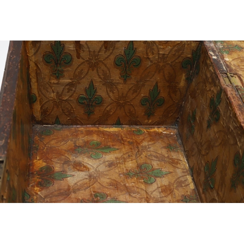 911 - AN ANTIQUE CONTINENTAL PARQUETRY BOX. the hinged lid enclosing a fleur de lys patterned paper lined ... 