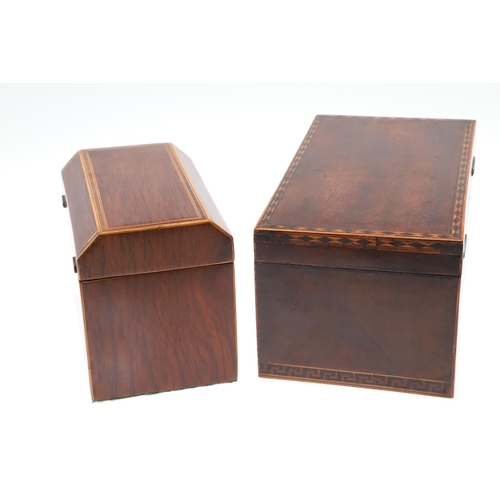 912 - A GEORGE III PARTRIDGE WOOD TEA CADDY. of canted form with boxwood stringing and ivory escutcheon, t... 