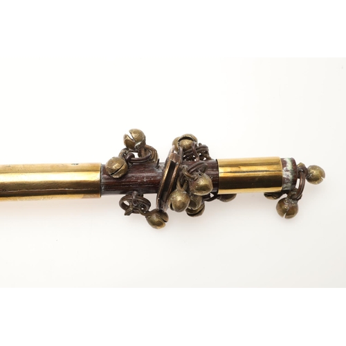 913 - A BRASS MOUNTED MORRIS DANCING SHAKER STICK. probably 19th century, affixed with multiple bells in f... 