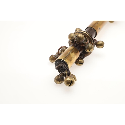 913 - A BRASS MOUNTED MORRIS DANCING SHAKER STICK. probably 19th century, affixed with multiple bells in f... 