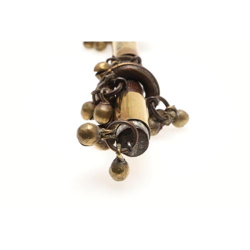 913 - A BRASS MOUNTED MORRIS DANCING SHAKER STICK. probably 19th century, affixed with multiple bells in f... 