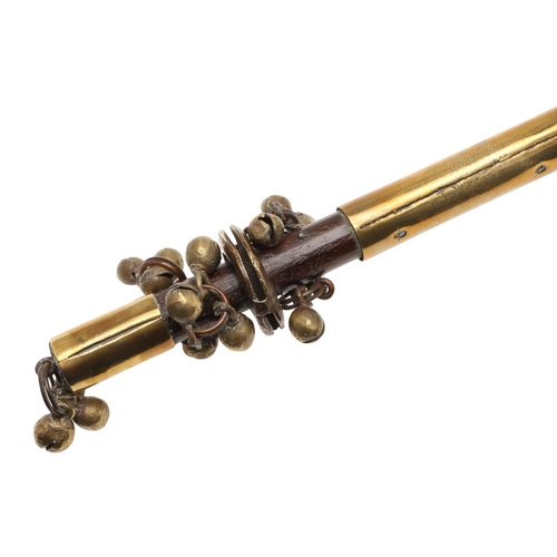 913 - A BRASS MOUNTED MORRIS DANCING SHAKER STICK. probably 19th century, affixed with multiple bells in f... 