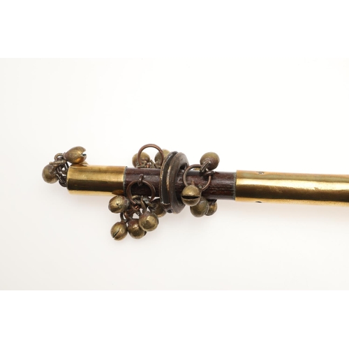 913 - A BRASS MOUNTED MORRIS DANCING SHAKER STICK. probably 19th century, affixed with multiple bells in f... 