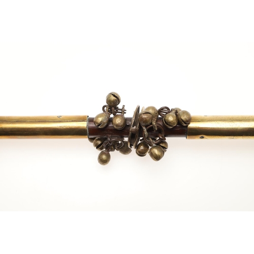 913 - A BRASS MOUNTED MORRIS DANCING SHAKER STICK. probably 19th century, affixed with multiple bells in f... 