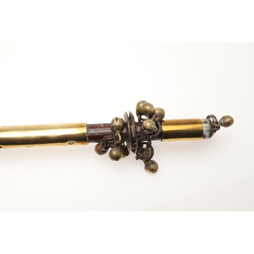 913 - A BRASS MOUNTED MORRIS DANCING SHAKER STICK. probably 19th century, affixed with multiple bells in f... 