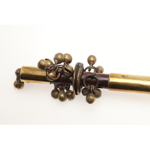 913 - A BRASS MOUNTED MORRIS DANCING SHAKER STICK. probably 19th century, affixed with multiple bells in f... 