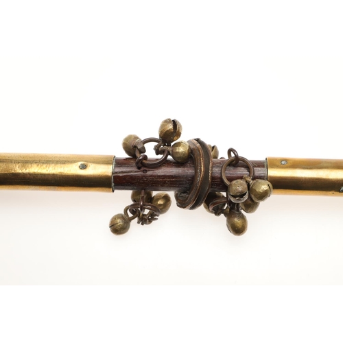913 - A BRASS MOUNTED MORRIS DANCING SHAKER STICK. probably 19th century, affixed with multiple bells in f... 