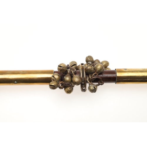 913 - A BRASS MOUNTED MORRIS DANCING SHAKER STICK. probably 19th century, affixed with multiple bells in f... 