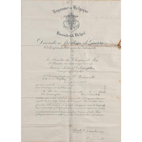 1050 - BELGIUM: A FIRST WORLD WAR MARITIME DECORATION WITH CERTIFICATE. A Belgian maritime Decoration 1914-... 