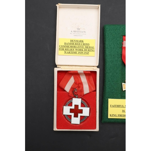 1067 - DENMARK: A COLLECTION OF THREE LONG SERVICE AWARDS AND A RED CROSS MEDAL. Three Danish Faithful Serv... 