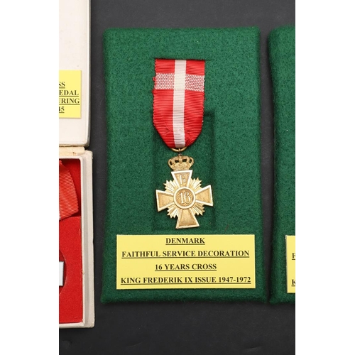 1067 - DENMARK: A COLLECTION OF THREE LONG SERVICE AWARDS AND A RED CROSS MEDAL. Three Danish Faithful Serv... 