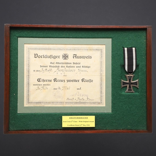 1117 - IMPERIAL GERMANY: A PRUSSIAN IRON CROSS WITH AWARD CERTIFICATE. A Prussian Iron Cross, 2nd Class, da... 