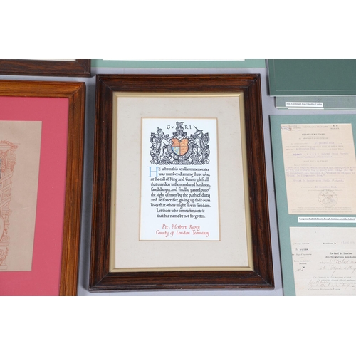 1205 - A COLLECTION OF MEDAL AWARD CERTIFICATES AND OTHER MILITARY DOCUMENTS. A memorial scroll for 207508 ... 