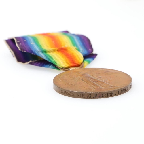 1275 - A FIRST WORLD WAR VICTORY MEDAL TO THE LABOUR CORPS. A Great War victory medal named to 508343 Pte G... 