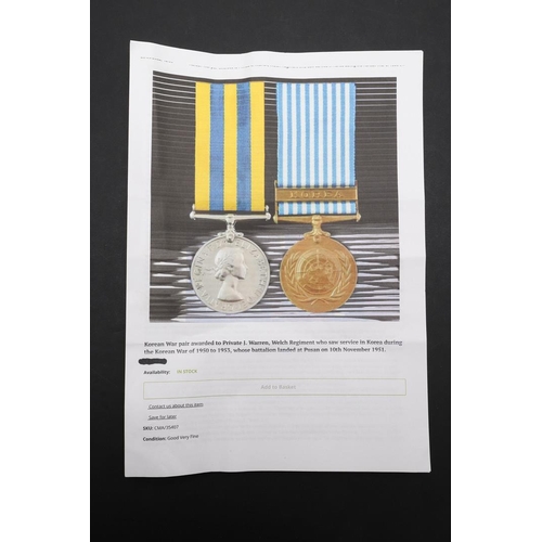 1337 - A KOREAN WAR PAIR TO THE WELCH REGIMENT. A Korean War Medal 1950-53 named to 22601183 Pte D.C. South... 