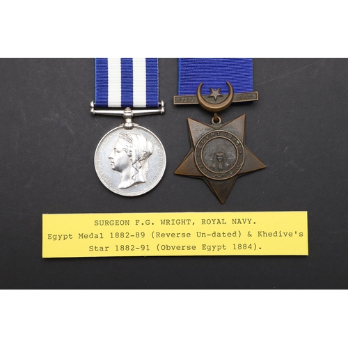 696 - AN EGYPT MEDAL PAIR TO A SURGEON WITH THE ROYAL NAVY. A pair comprising Egypt Medal 1882-89 without ... 