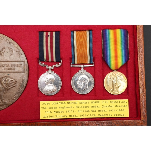 801 - A FIRST WORLD WAR MILITARY MEDAL CASUALTY GROUP OF THREE AND PLAQUE TO THE ESSEX REGIMENT. A Great W... 