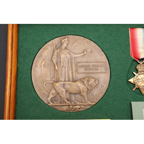 807 - A FIRST WORLD WAR TRIO AND MEMORIAL PLAQUE TO A CASUALTY AT CORONEL. A Great War trio comprising 191... 