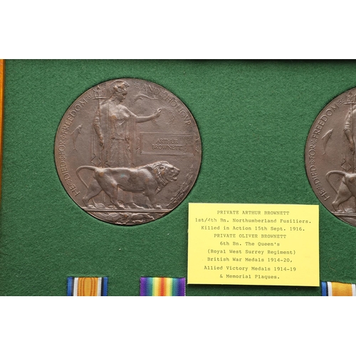 819 - TWO FIRST WORLD WAR CASUALTY PAIRS AND PLAQUES TO BROTHERS. A Great War pair comprising War and Vict... 