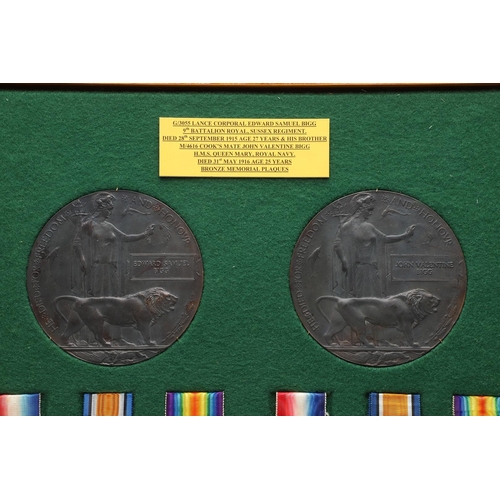 821 - A PAIR OF FIRST WORLD WAR CASUALTY TRIOS AND PLAQUES TO THE BIGG FAMILY BROTHERS. A Trio comprising ... 