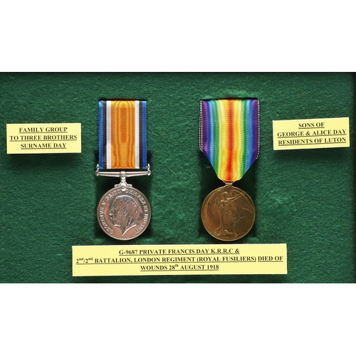 825 - A COLLECTION OF FIRST AND SECOND WORLD WAR MEDALS TO THE DAY FAMILY INCLUDING TWO CASUALTY GROUPS. T... 