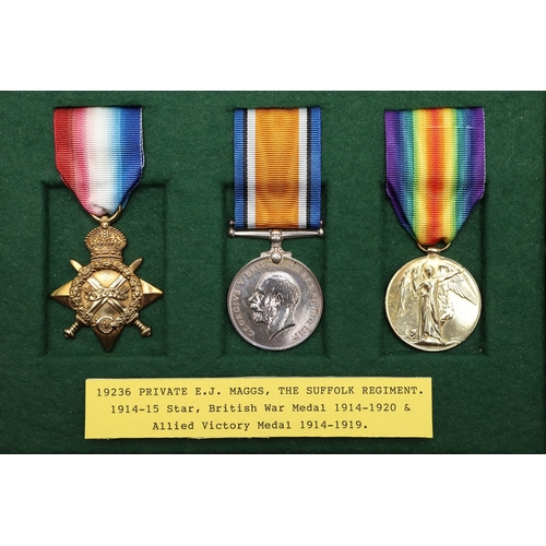 852 - A FIRST WORLD WAR TRIO TO THE SUFFOLK REGIMENT. A Trio comprising 1914-15 Star named to 19236 Pte E.... 