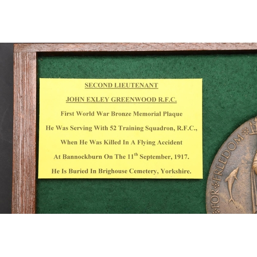 904 - A FIRST WORLD WAR MEMORIAL PLAQUE TO THE ROYAL FLYING CORPS. A Memorial Plaque named to John Exley G... 