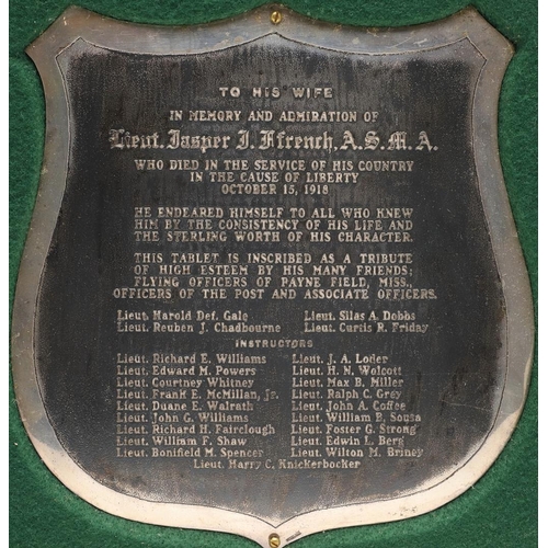 908 - A FIRST WORLD WAR MEMORIAL SHIELD TO AN AMERICAN CASUALTY FROM ILLINOIS. A memorial shield 'To his w... 