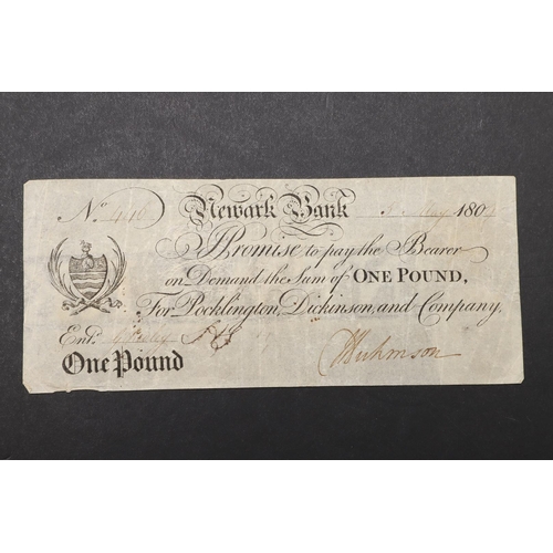 1418 - A NEWARK BANK ONE POUND NOTE, 1809. A one pound note from the Newark Bank, number 446, dated 5th May... 