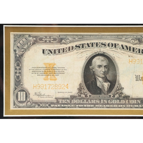 1419 - A 1922 AMERICAN TEN DOLLAR GOLD CERTIFICATE BANKNOTE. A United States Gold Certificate, 1922, number... 