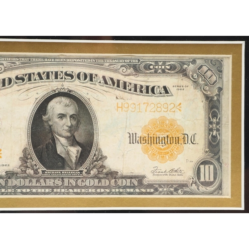 1419 - A 1922 AMERICAN TEN DOLLAR GOLD CERTIFICATE BANKNOTE. A United States Gold Certificate, 1922, number... 