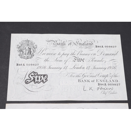 1421 - THREE BANK OF ENGLAND WHITE FIVE POUND NOTES. Three black and white series five pound notes: May 19t... 